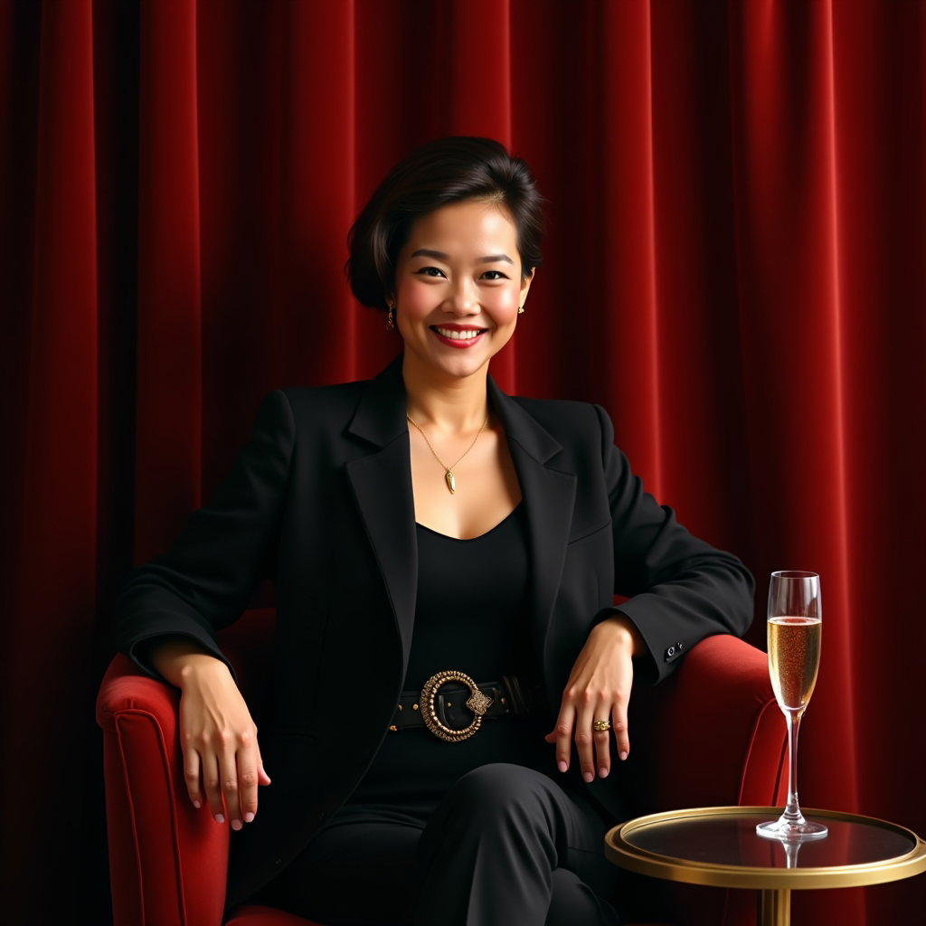 Milestone Birthday Portraits That Feel Grown-Up example: Photorealistic portrait photography. Half-body portrait with the subject seated upright against rich velvet drapery, one