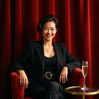 Milestone Birthday Portraits That Feel Grown-Up example: Photorealistic portrait photography. Half-body portrait with the subject seated upright against rich velvet drapery, one