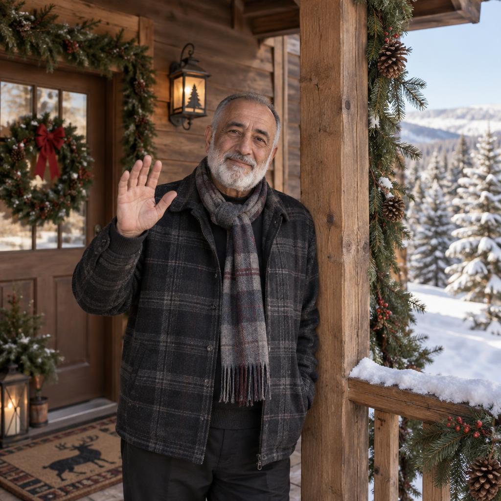 Rustic Cabin Porch Greeting: Photorealistic Christmas card scene at a rustic cabin porch on a clear winter morning.