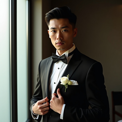 AI-generated photo: Photorealistic wedding head-and-shoulders portrait by frosted-glass door sidelights in a modern suit...