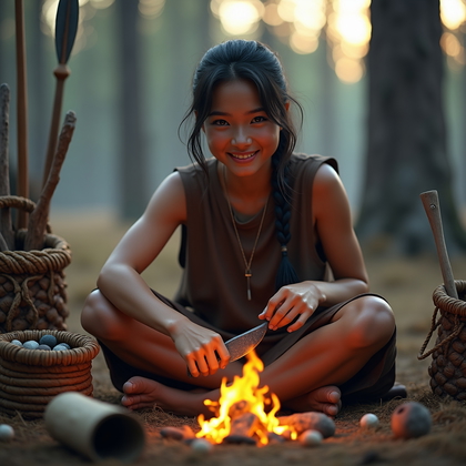 AI-generated photo: Photorealistic outdoor scene at dawn in a pine clearing, where a flint knapper sits beside a small c...