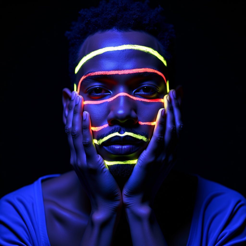 Close-Up Pride Makeup and Face Paint Portraits example: Photorealistic UV blacklight portrait photography. Unexpected creative close-up in a dark studio, with neon Pride face p