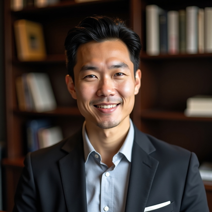 AI-generated photo: Professional headshot in a classic executive office with dark wood bookshelves and a modern desk sub...