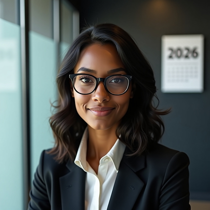 AI-generated photo: Professional headshot: Three-quarter angle close-up in a modern office, anti-glare reflections manag...