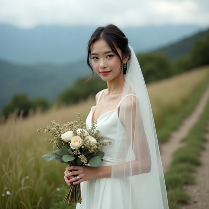 AI-generated photo: Photorealistic wedding photography in a high meadow with soft overcast, mountains veiled by distant ...