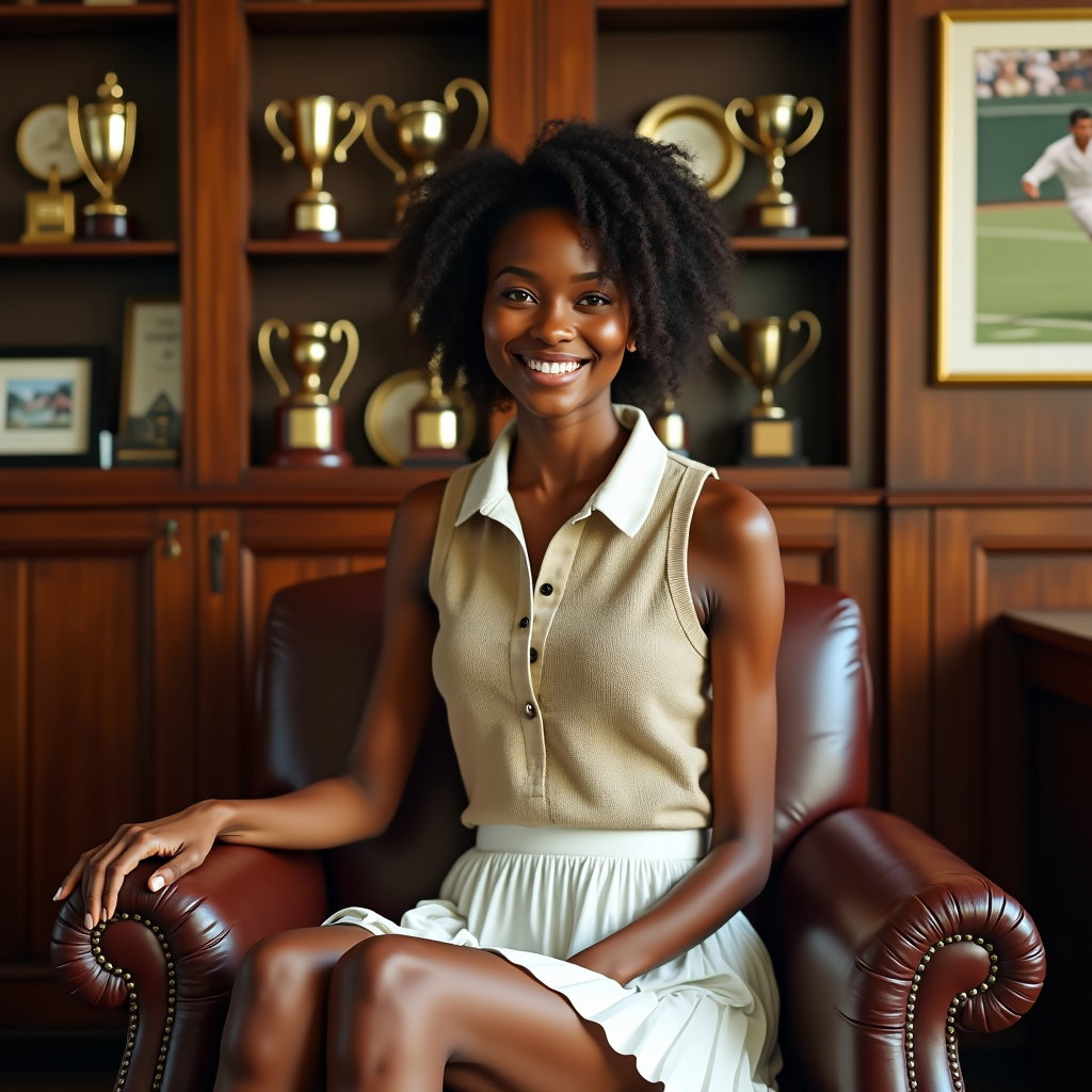 Off-Court Clubhouse Tenniscore Portraits example: Photorealistic lifestyle portrait photography. Half-body seated portrait in a vintage leather clubhouse chair, the subje