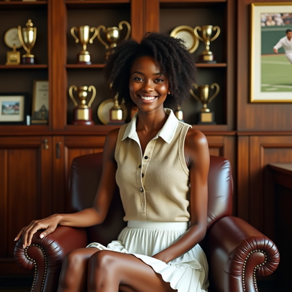 Off-Court Clubhouse Tenniscore Portraits example: Photorealistic lifestyle portrait photography. Half-body seated portrait in a vintage leather clubhouse chair, the subje