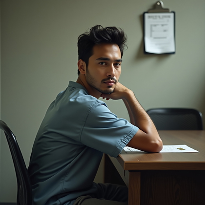 AI-generated photo: Photorealistic intake photography, stylized side-profile shot in a private interrogation room conver...