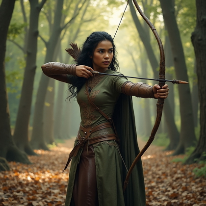 AI-generated photo: Cosplay photo depicting a character as an elven archer, wearing a fitted leather tunic with intricat...