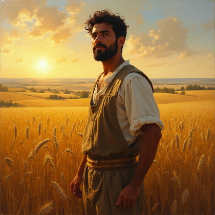 AI-generated photo: Renaissance oil painting. A dramatic composition of a young farmer in a sun-drenched wheat field, ca...