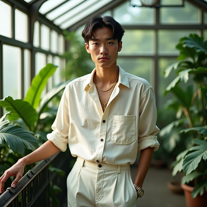 AI-generated photo: Photorealistic lifestyle portrait photo inside a lush botanical greenhouse, layered tropical leaves ...