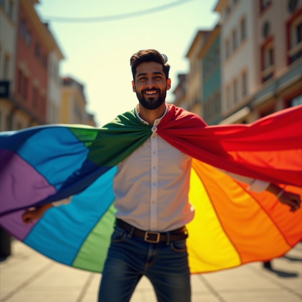 Rainbow Flag Cape Hero Portraits example: Photorealistic portrait photography. Motion/action portrait in a colorful outdoor plaza, the subject mid-spin with the r