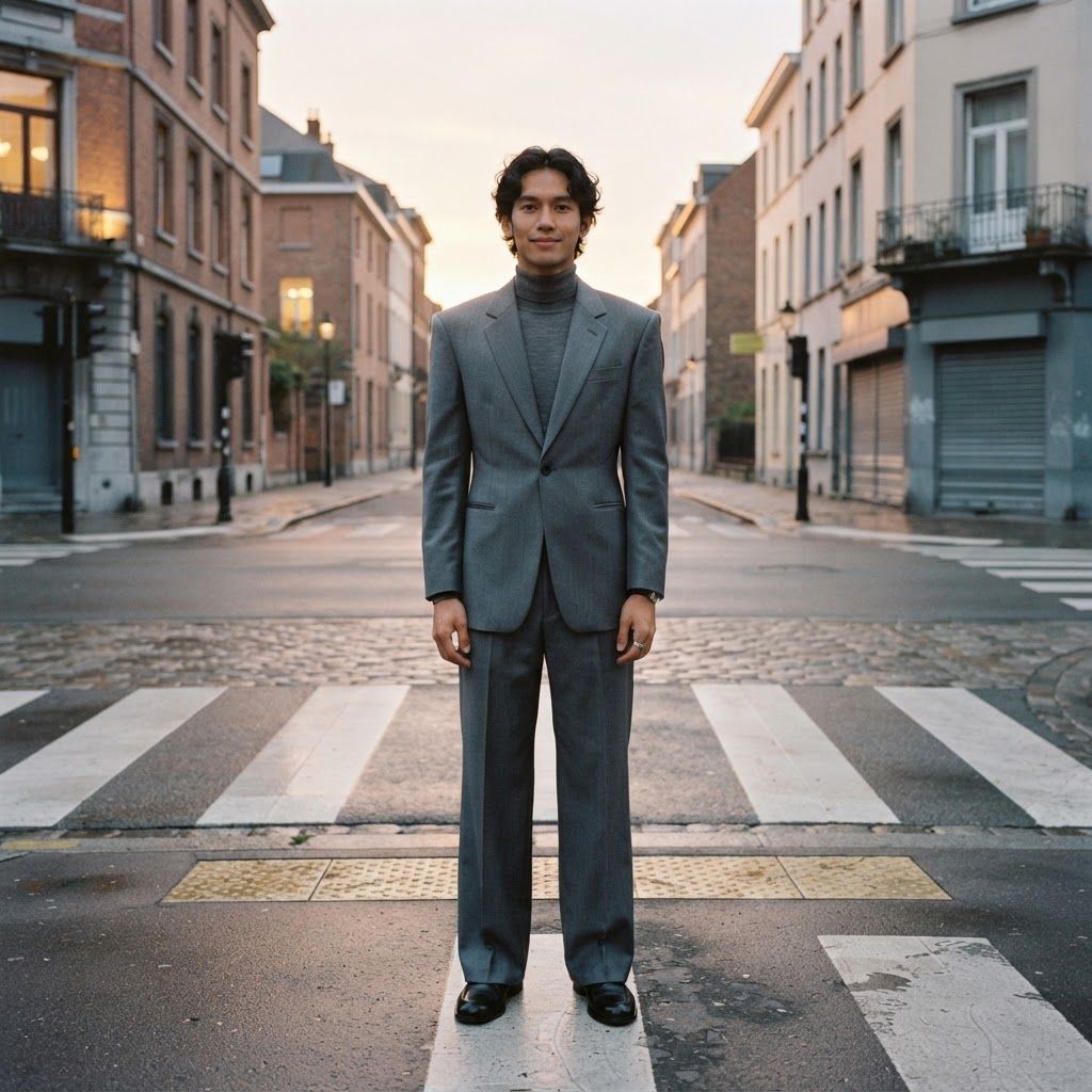 Sharp Tailoring at a Dawn Crosswalk: A full-length personal photo at a quiet intersection at dawn, framed symmetrically by crosswalk stripes and understated city facades.