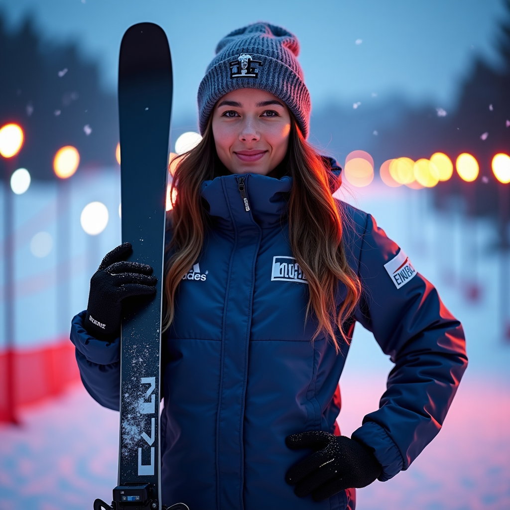 AI-generated photo: Photorealistic on-location portrait photograph. A winter athlete stands on a snow-packed slope at tw...