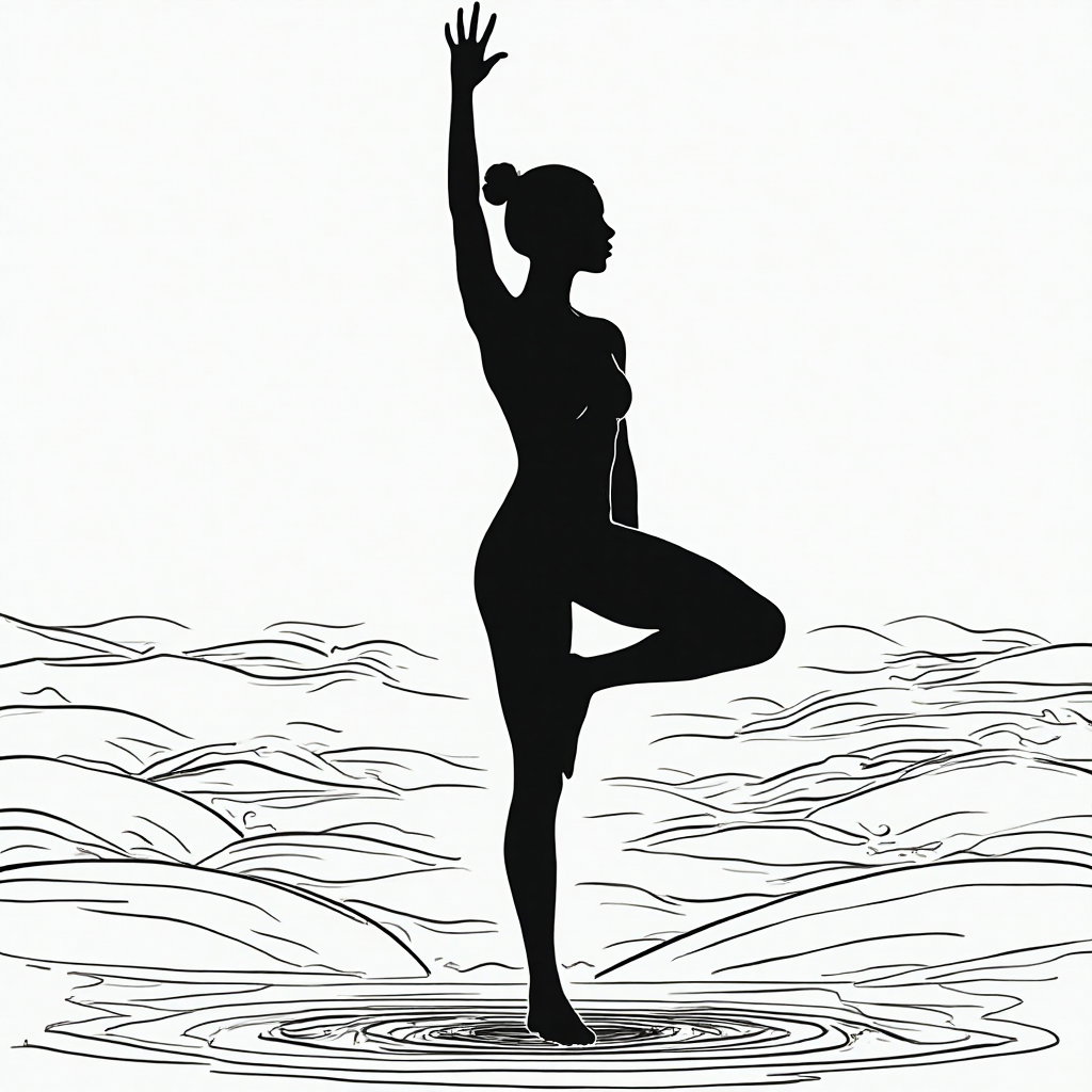 AI-generated photo: **Line Art** illustration showcasing a person in a yoga pose, silhouetted against a serene, minimali...