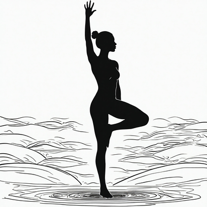 AI-generated photo: **Line Art** illustration showcasing a person in a yoga pose, silhouetted against a serene, minimali...