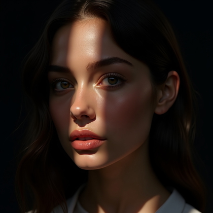 AI-generated photo: Photorealistic beauty portrait photograph, close-up of a stylish subject against a dark studio backd...