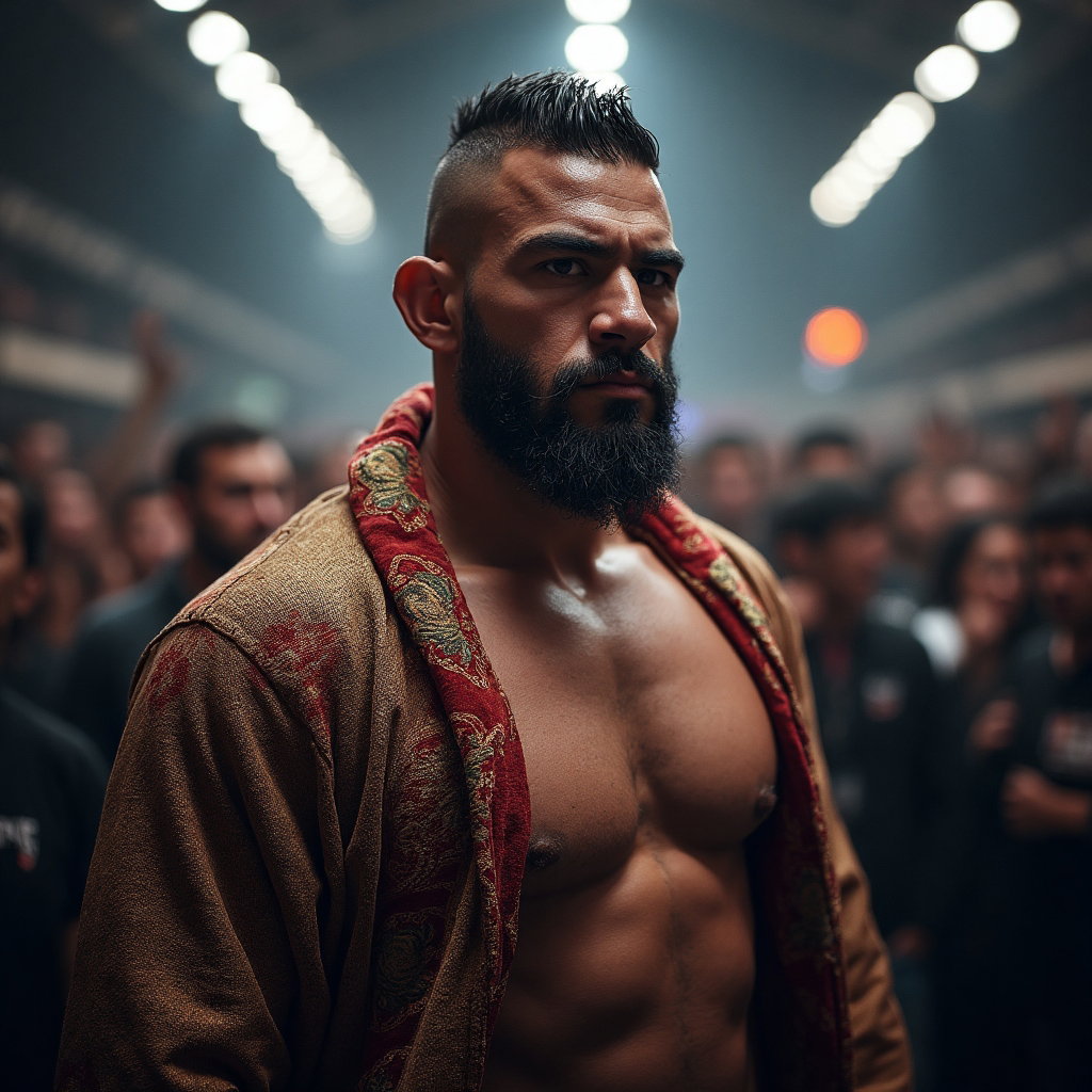 AI-generated photo: **Professional photorealistic portrait.** In a high-energy, crowded arena tunnel, a UFC fighter is c...