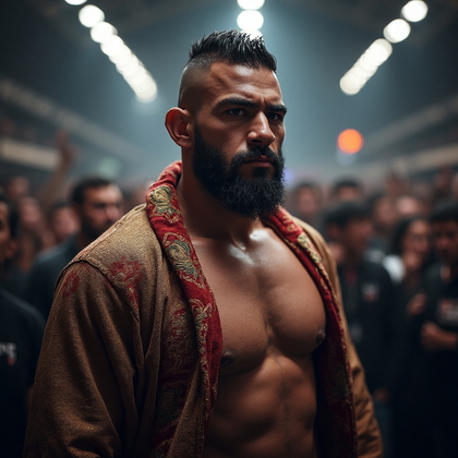 AI-generated photo: **Professional photorealistic portrait.** In a high-energy, crowded arena tunnel, a UFC fighter is c...