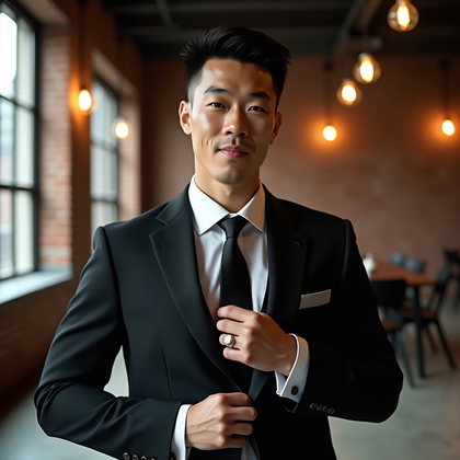 AI-generated photo: Photorealistic wedding photo; inside a modern industrial venue with exposed brick, matte concrete fl...