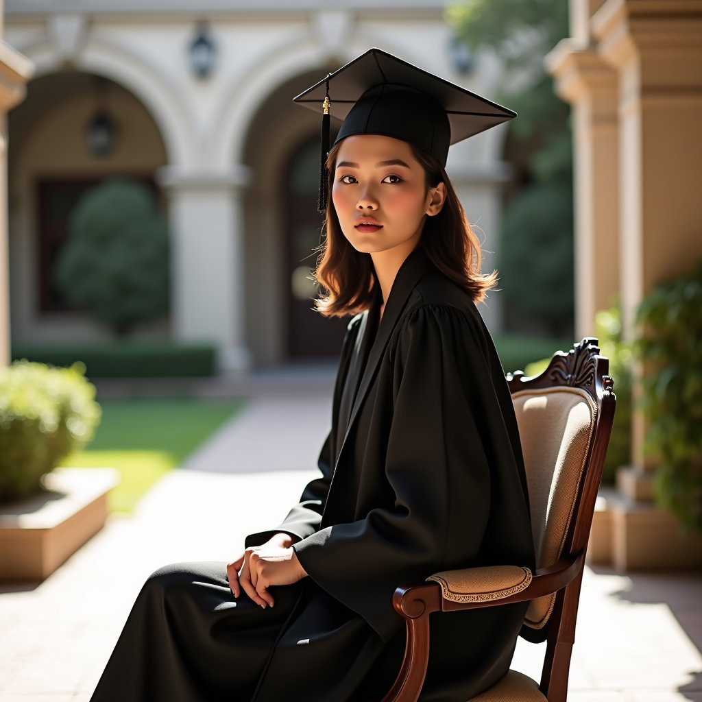AI-generated photo: Luxury fashion photography, a seated graduation portrait staged in a sunlit academic courtyard with ...