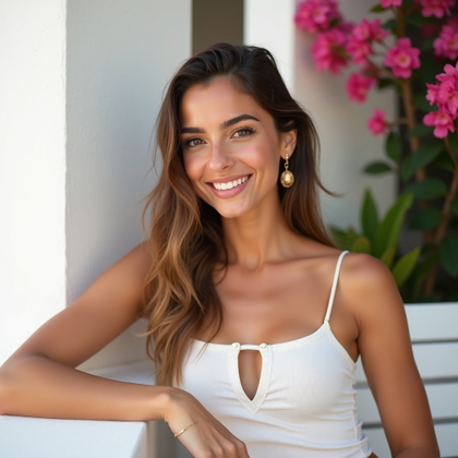 Beach Club Lounge Portraits in Resort Wear example: Photorealistic portrait photography. Profile/avatar crop designed for a polished travel social profile, with the subject