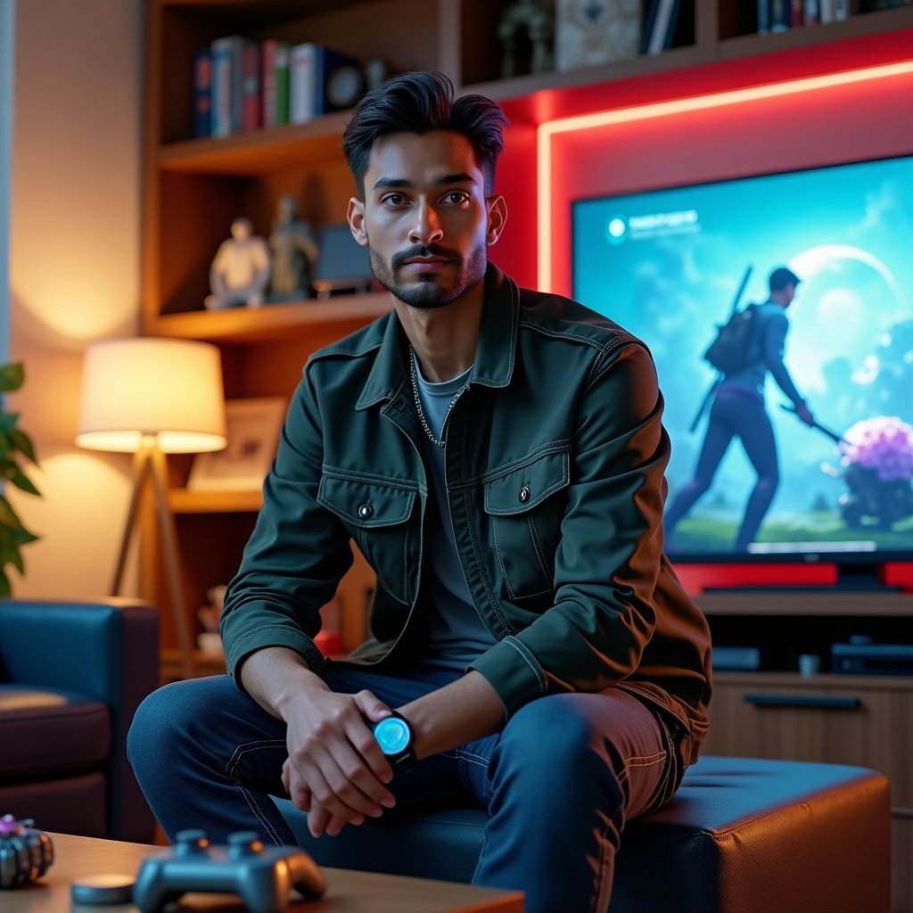 AI-generated photo: Photorealistic lifestyle portrait photography. Inside a stylish living room with a large TV displayi...