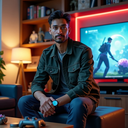 AI-generated photo: Photorealistic lifestyle portrait photography. Inside a stylish living room with a large TV displayi...