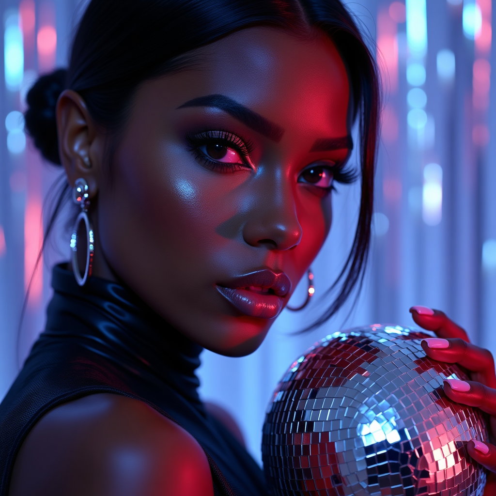 Glam Birthday Beauty Portraits for Makeup, Hair, and Details example: Photorealistic creative beauty portrait. Unexpected reflective portrait with the subject holding a small disco ball near