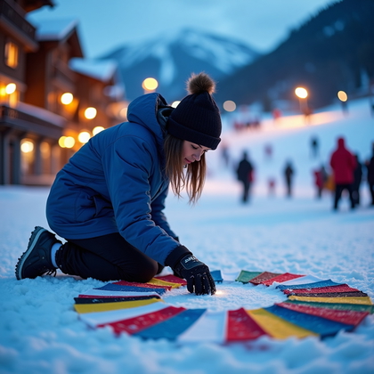 AI-generated photo: Photorealistic lifestyle sports photography. A person kneels in fresh snow beside a temporary winter...