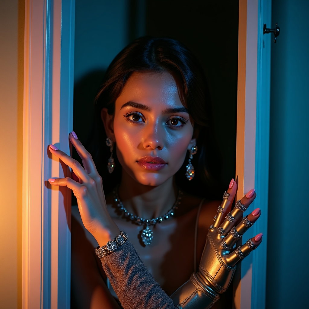 Pastel Idol by Day, Hunter by Night Portrait example: Cinematic fantasy character photo. Editorial hero portrait composed like a high-fashion magazine spread, face clearly vi