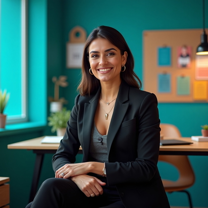 AI-generated photo: Professional headshot: creative agency director persona in a design studio featuring color swatch wa...