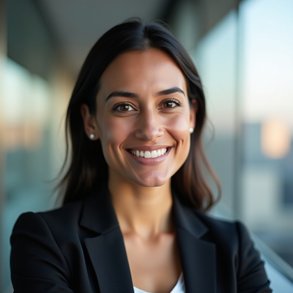 AI-generated photo: Professional headshot photo in a glass-walled boardroom with a soft focus city view and subtle metal...