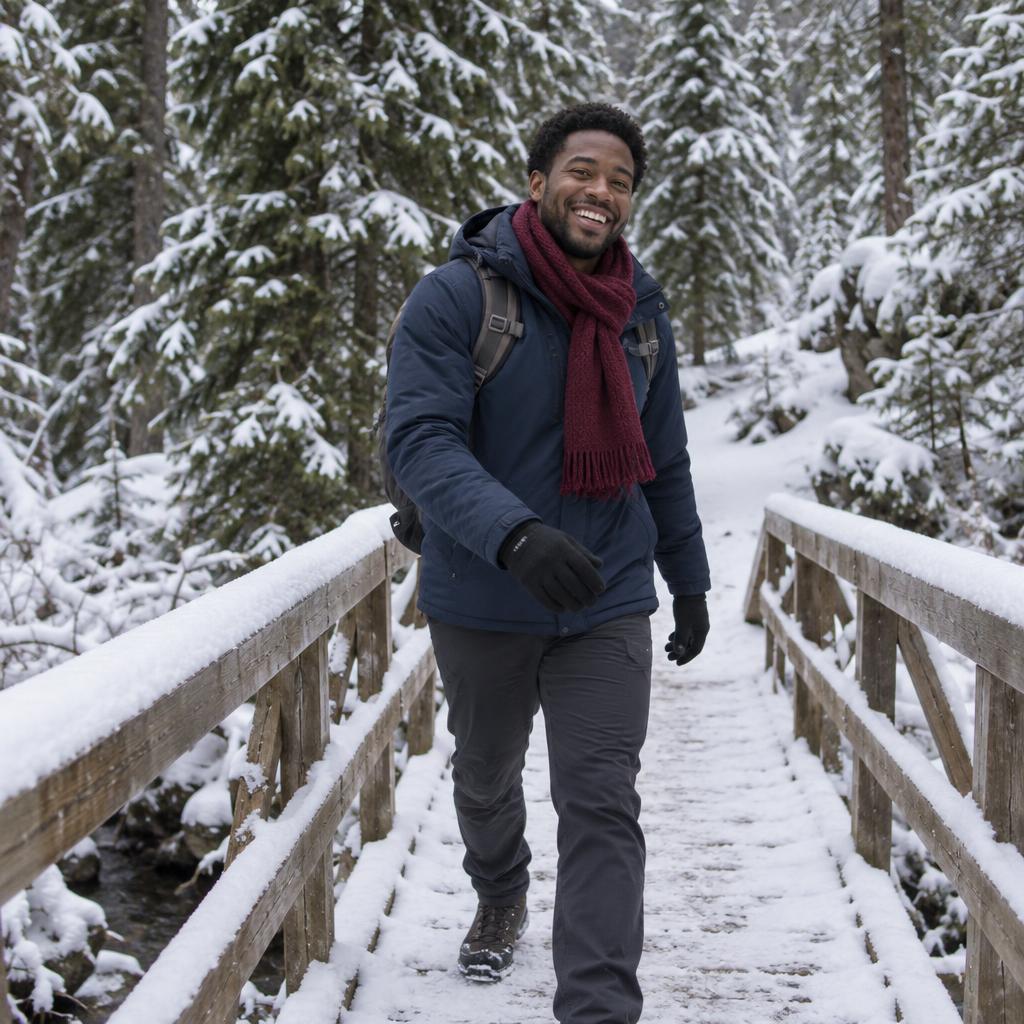 Snowy Evergreen Walk: A playful photo of one person crossing a small snow-dusted footbridge on a trail among tall evergreens.