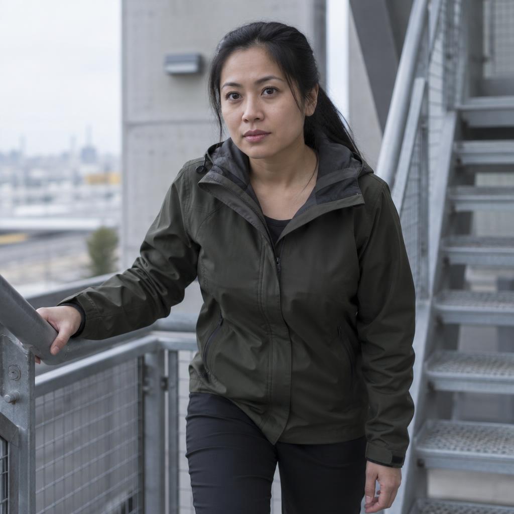 Action-Ready Performer: Waist-up casting portrait on an exterior industrial stairwell in overcast daylight.