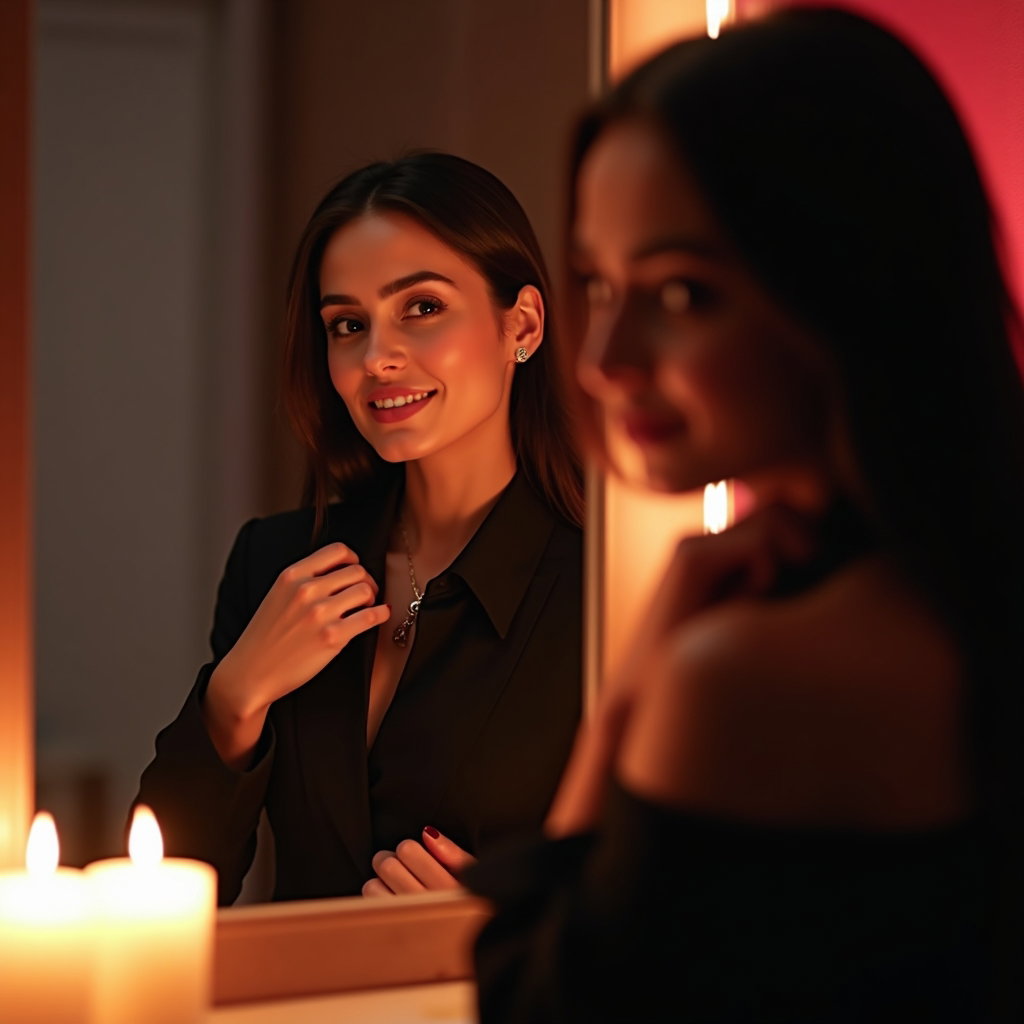 Mirror Vanity Glance Portrait example: Dating profile photo. Motion/action portrait capturing the subject turning toward the vanity mirror mid-glance, face cle