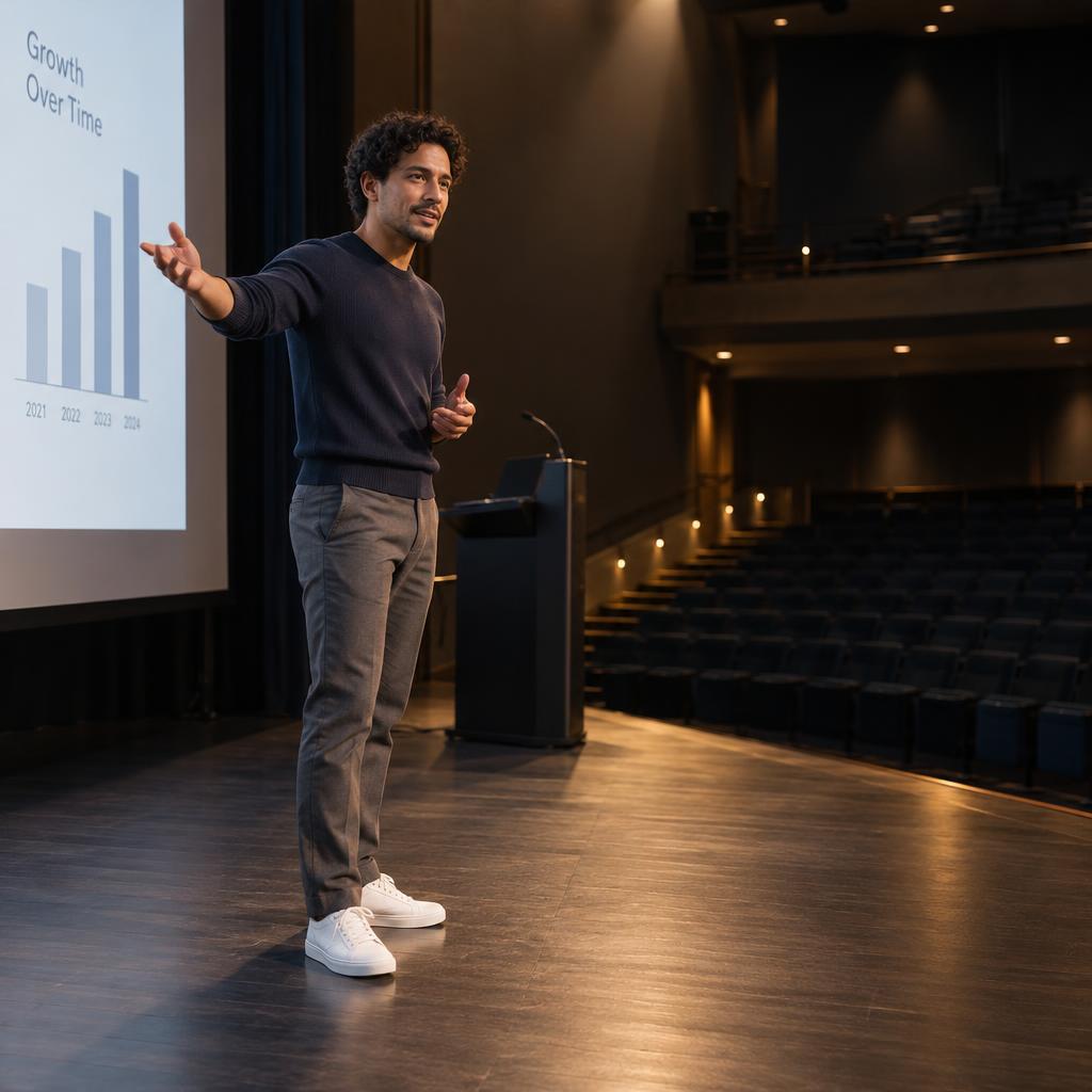 Career Breakthrough Onstage: Full-length three-quarter view from near the presentation screen, looking across the stage into a dark, empty auditorium.