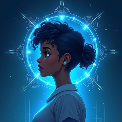AI-generated photo: Stylized digital illustration. A shoulder-up avatar portrait bathed in cool blue light, representing...