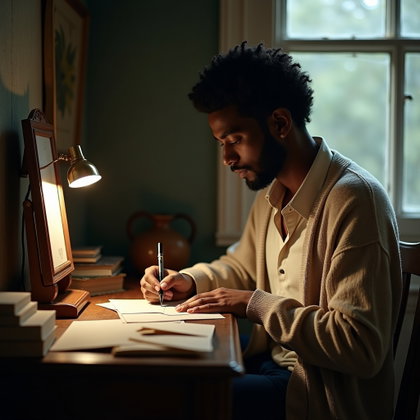 Mirror Reflection Poetcore Portrait With a Handwritten Letter example: Photorealistic portrait photography, a half-body portrait at a vintage writing desk where the subject is seen clearly in