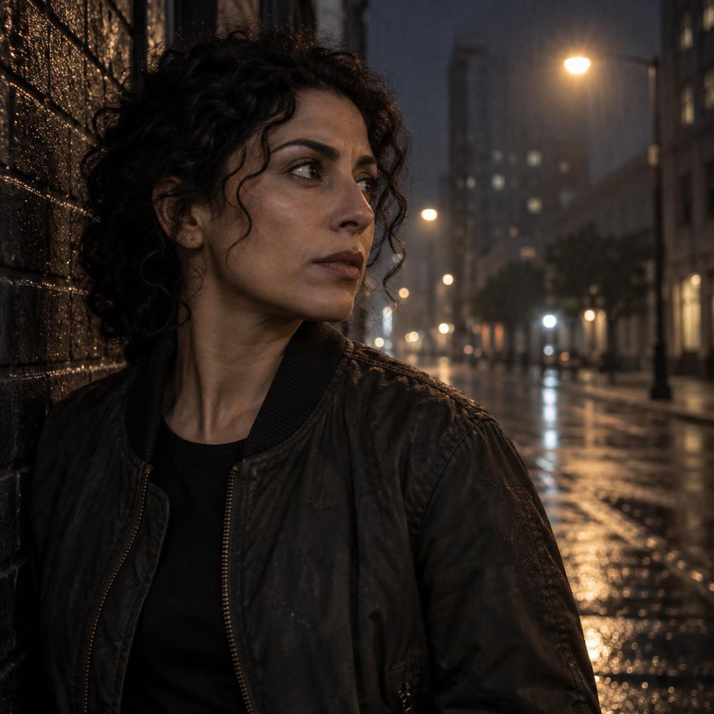 Gritty Crime-Drama Profile: Head-and-shoulders portrait beside a rain-darkened brick wall, with an empty city avenue blurred behind.