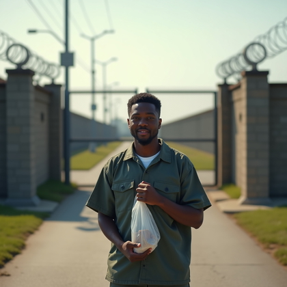 AI-generated photo: Photorealistic documentary-style portrait photograph of a person standing just outside the main pris...