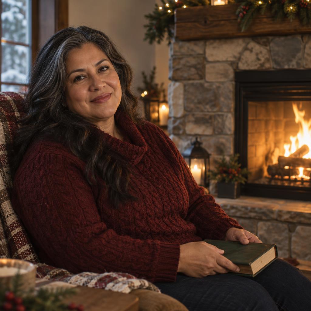 Fireside Seated Portrait: Photorealistic, intimate Christmas card portrait of one person seated beside a stone fireplace, framed from the waist up.