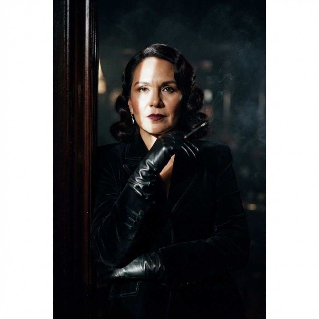 Femme Fatale Gaze: Neo-noir three-quarter portrait of one subject leaning lightly against a polished doorway edge, wearing a structured evening jacket, dark…