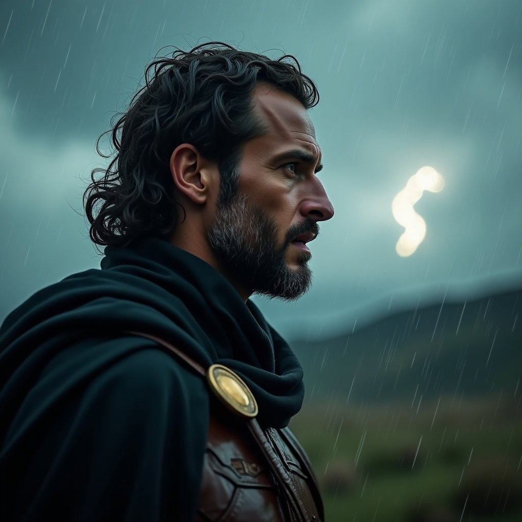 Solo Odysseus Storm Survivor Portrait example: Cinematic mythological profile portrait photography, a square avatar-friendly crop showing the lone survivor in three-qu