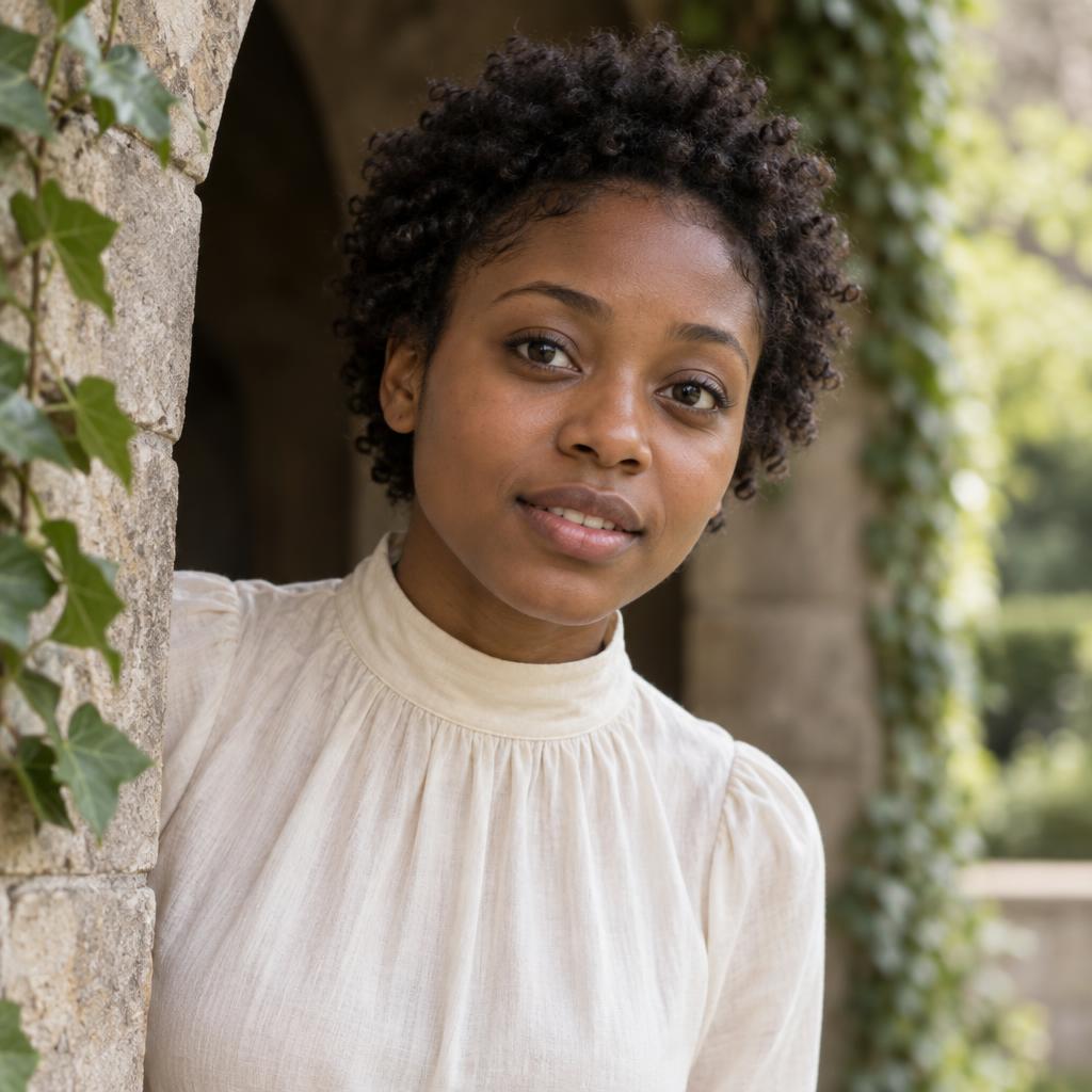 Romantic Period-Drama Lead: Chest-up acting portrait at the edge of an ivy-softened stone arch, with the greenery kept blurred and secondary.