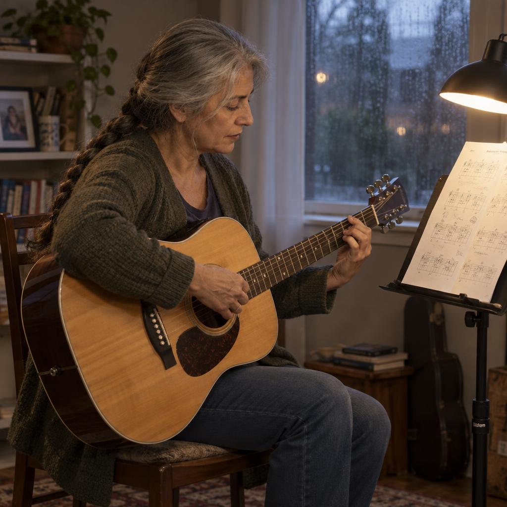Mastering A New Skill: In a quiet spare-room practice corner, she sits on a simple chair in casual layers, checking the placement of a newly learned guitar chord…