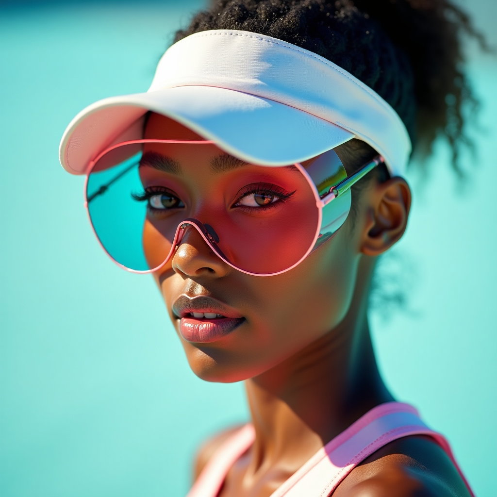 Close-Up Tenniscore Beauty Portraits With Visor or Cap example: Photorealistic creative beauty photography. Unexpected tenniscore portrait using a translucent tinted visor, glossy edit