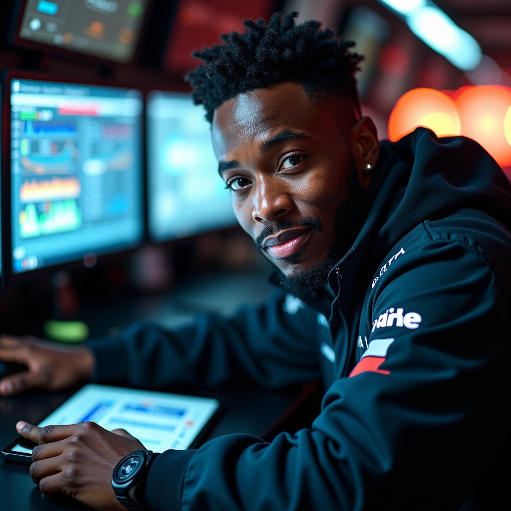 Pit Wall Headset Strategist Close-Up example: Photorealistic editorial portrait photography. Half-body portrait at the pit wall desk, the subject leaning forward over