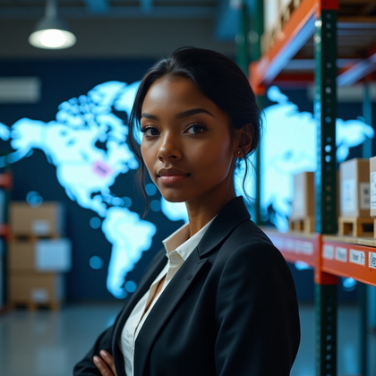 AI-generated photo: Professional headshot: logistics network strategist persona in a distribution “control tower” suite ...