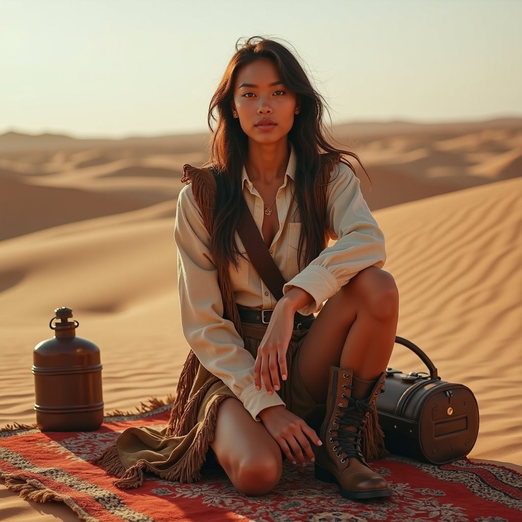 Dusty Desert Festival Look example: Photorealistic festival portrait photography. Full-body portrait of a solo subject in a low grounded kneeling pose on an
